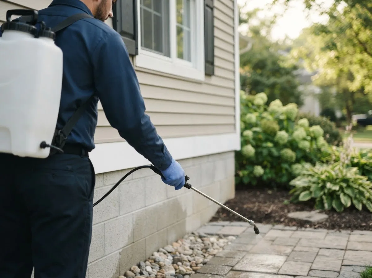 Pest control technician inspecting a home in Mount Hope, OH